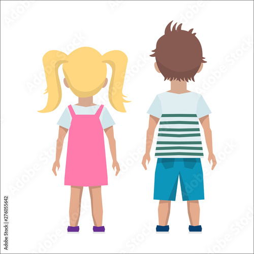 Two children turned their backs on a white background.