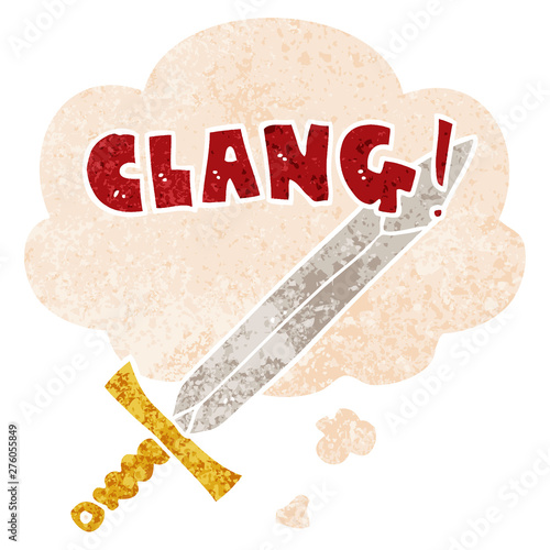 cartoon clanging sword and thought bubble in retro textured style