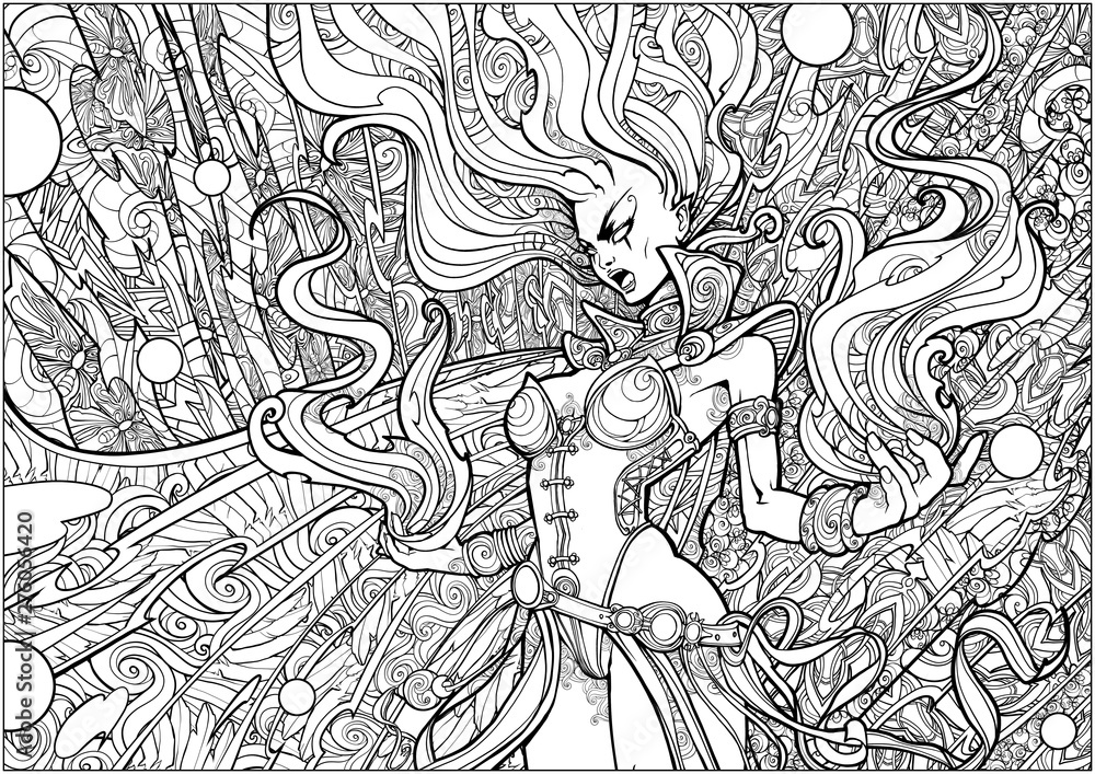 Coloring page for adults , fiery girl in screaming in rage, holding fire in her hands.