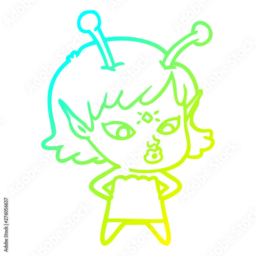 cold gradient line drawing pretty cartoon alien girl