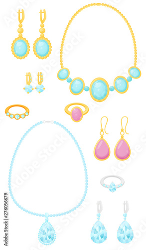 Set of gold and silver jewelry. Vector illustration on white background.