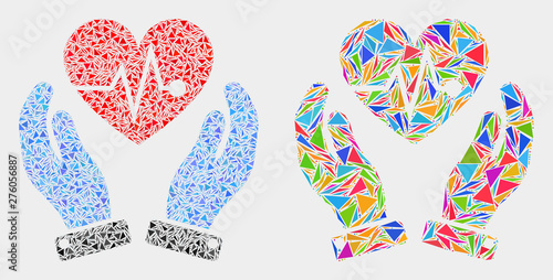 Heart surgery care hands mosaic icon of triangle elements which have different sizes and shapes and colors. Geometric abstract vector illustration of heart surgery care hands.