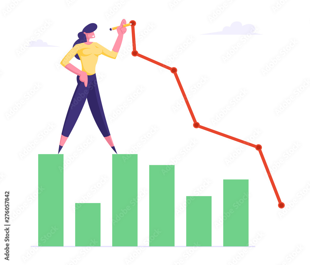 Young Business Woman Stand on Column Chart Drawing Broken Curve Line. Businesswoman Working on Growth Data Analysis Arrow Graph, Financial Profit Statistic Diagram. Cartoon Flat Vector Illustration Young Business Woman Stand on Column Chart Drawing Broken Curve Line. Businesswoman Working on Growth Data Analysis Arrow Graph, Financial Profit Statistic Diagram. Cartoon Flat Vector Illustration