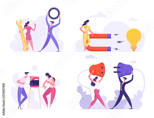 Business People Office Life Routine, Coffee Break Conversation, Technical Support, Creative Idea, Teamwork Business Connection, Partnership, Cooperation Concept, Cartoon Flat Vector Illustration