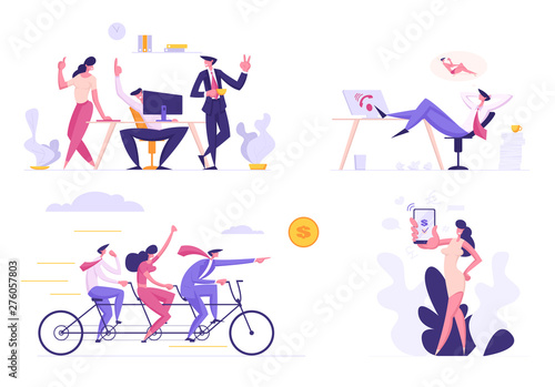 Business People Set. Creative Idea Teamwork  Cooperation Leadership  Mobile Banking App  Passive Income Dreams  Colleagues Characters Communicating Brainstorming  Cartoon Flat Vector Illustration