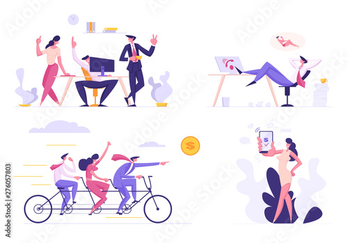 Business People Set. Creative Idea Teamwork, Cooperation Leadership, Mobile Banking App, Passive Income Dreams, Colleagues Characters Communicating Brainstorming, Cartoon Flat Vector Illustration