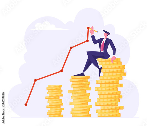 Finance Success, Money Wealth Concept, Business Man Sitting on Top of Golden Coin Stack Drawing Growing Curve Line. Growth Financial Profit Diagram, Investment, Income Cartoon Flat Vector Illustration