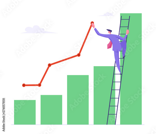 Business Man Stand on Ladder Lean to Column Chart Paint Growing Curve Line. Businessman Work on Growth Data Analysis Arrow Graph, Financial Profit Statistic Diagram. Cartoon Flat Vector Illustration