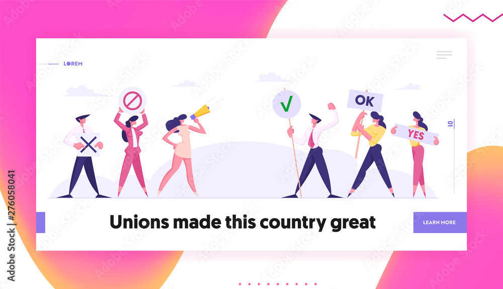 Opposite Teams of Business People or Politics with Banners and Signs Stand Face to Face on Strike or Demonstration, Protest, Website Landing Page, Web Page. Cartoon Flat Vector Illustration, Banner