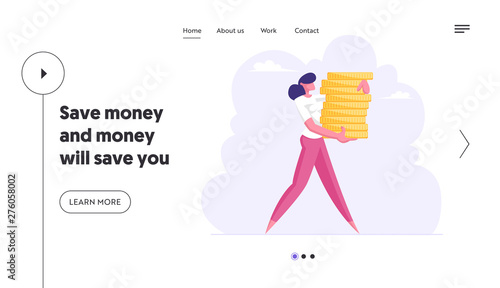 Successful Business Woman Carry Stack of Gold Coins, Cash. Rich Businesswoman Making Saving, Financial Profit, Wealth, Capital. Website Landing Page, Web Page. Cartoon Flat Vector Illustration, Banner