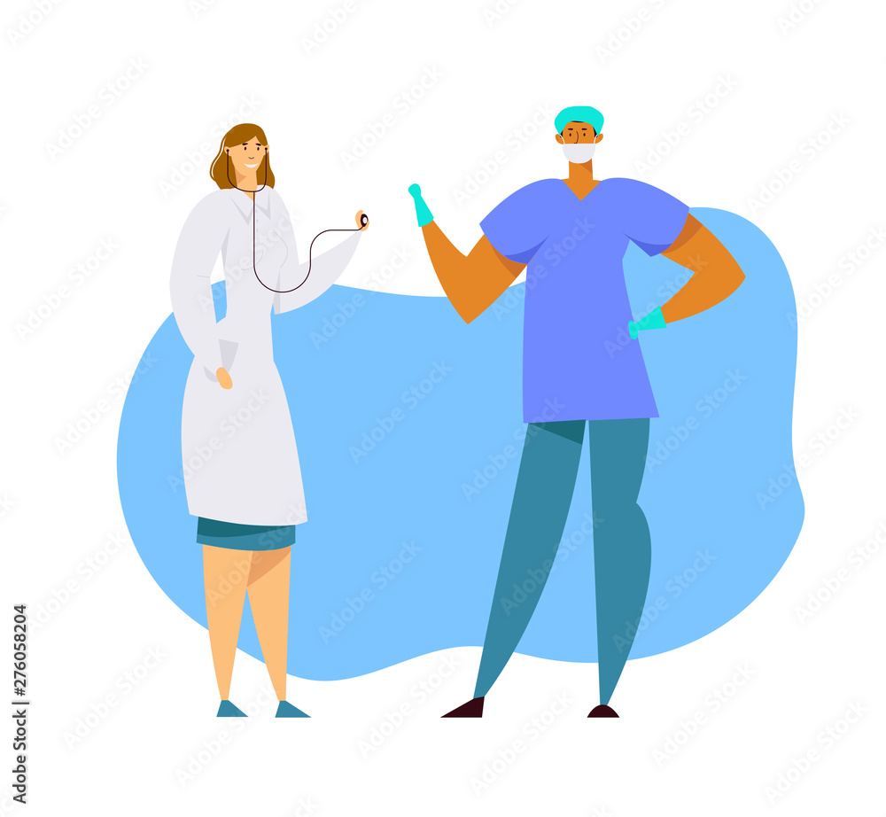 Hospital Healthcare Staff at Work, Female Doctor in Medical Robe with Stethoscope, Surgeon Character in Uniform and Gloves, Clinic, Medicine Profession, Occupation. Cartoon Flat Vector Illustration