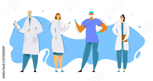 Hospital Healthcare Staff Set, Doctors in Medical Robe with Stethoscope, Surgeon Character in Uniform, Nurse Holding Notebook, Clinic, Medicine Profession, Occupation. Cartoon Flat Vector Illustration