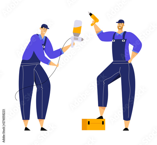 Mechanics Characters Dressed in Blue Overalls Holding Drill and Spray Gun, Repair Service Staff with Instruments in Hand, Auto Checking and Maintenance, Car Fixing. Cartoon Flat Vector Illustration