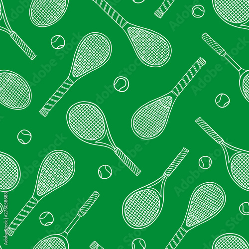 Tennis racket and balls doodle seamless pattern. Vector illustration background. For print, textile, web, home decor, fashion, surface, graphic design