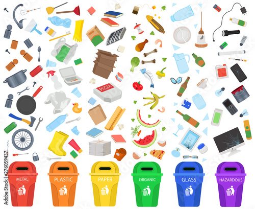 Big Set Garbage Sorting.  metal, plastic, paper, organic garbage, glass, hazardous waste.Vector Illustration.