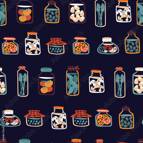 Seamless Pattern with Pickled Food - Cucumber, tomatoes, Olives, Peas, Eggs,