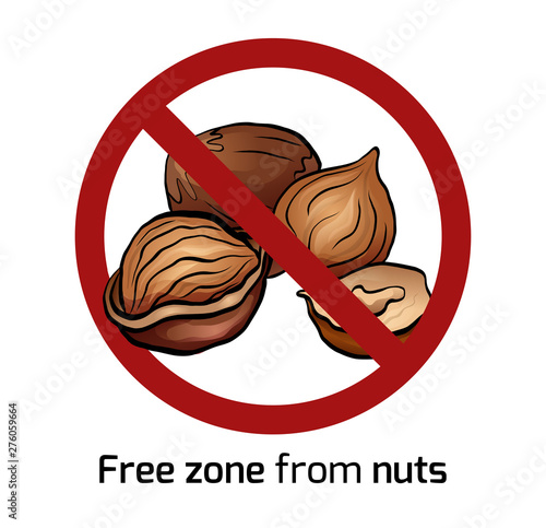 Cartoon hazelnut in the prohibition sign. Free zone from nuts. Ban on allergens. Allergy Alert. Badges with forbiddance. Vector element for recipes, menus, stickers and your design.