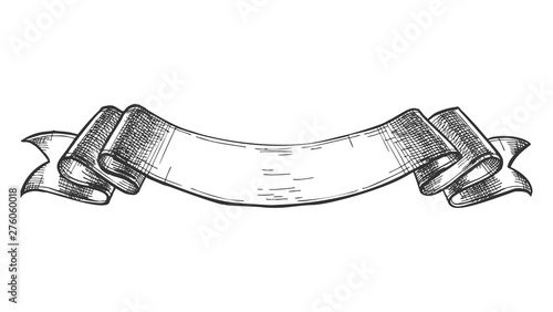 Vintage Ribbon Banner Decoration Element Vector. Classical Elegance Decorative Blank Curved Ribbon Label. Black And White Hand Drawn Art Retro Style Tape Template Cartoon Illustration