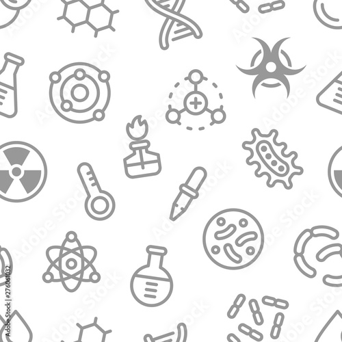 Chemistry science details outline vector seamless pattern. Pharmacy and chemistry, education and science laboratory elements and equipment