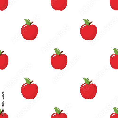Seamless pattern with red apples on white background. Organic fruit. Cartoon style. Vector illustration for design, web, wrapping paper, fabric, wallpaper.