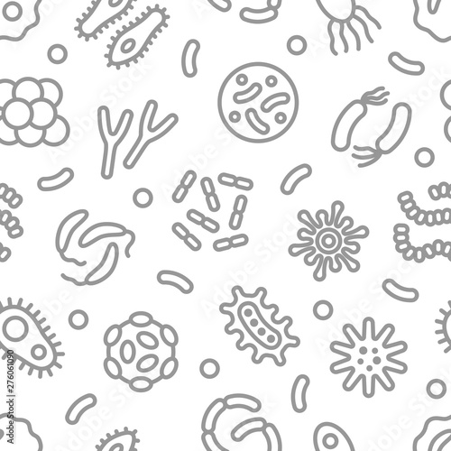 Bacteria, microbe, virus outline vector seamless pattern. Microscopic bacterium and bacillus collection, isolated on white background