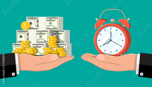 Clock and money on hand scales. Annual revenue, financial investment, savings, bank deposit, future income, money benefit. Time is money concept. Vector illustration in flat style