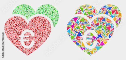 Euro love hearts collage icon of triangle items which have different sizes and shapes and colors. Geometric abstract vector illustration of euro love hearts.