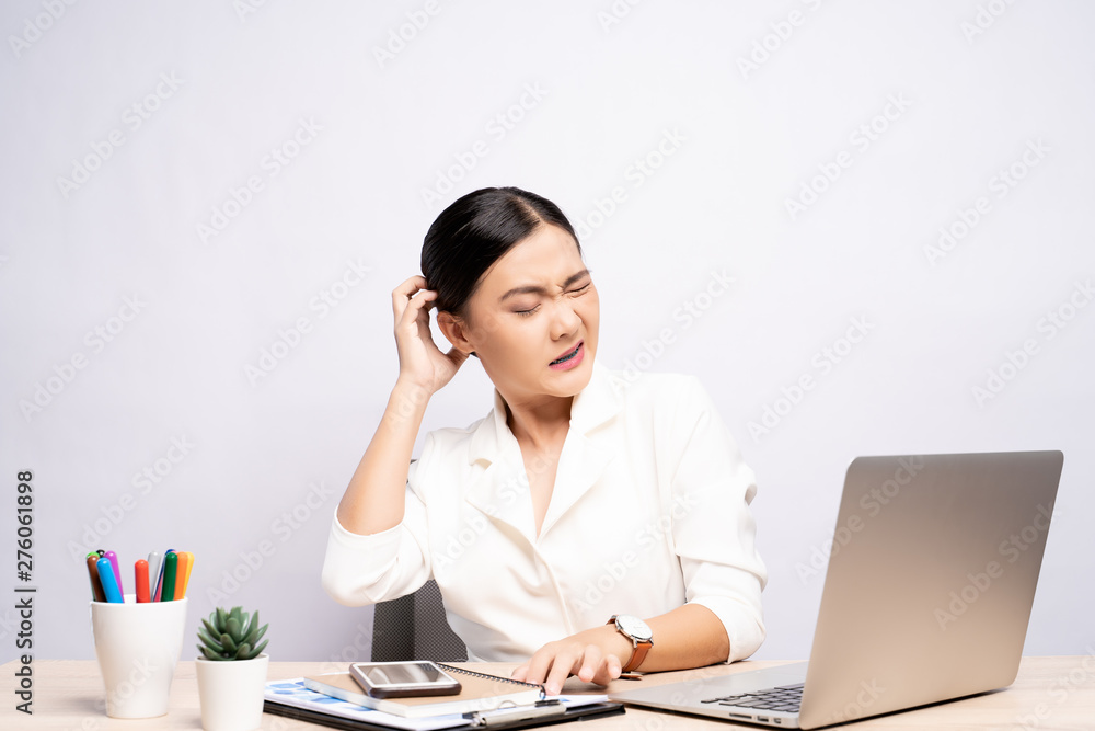 Woman scratching her head at office isolated white background Woman scratching her head at office isolated white background