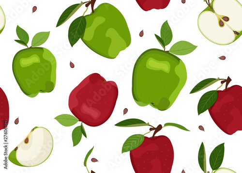 Apple seamless pattern and slice dropping on white background. Red and Green apples fruits vector illustration.