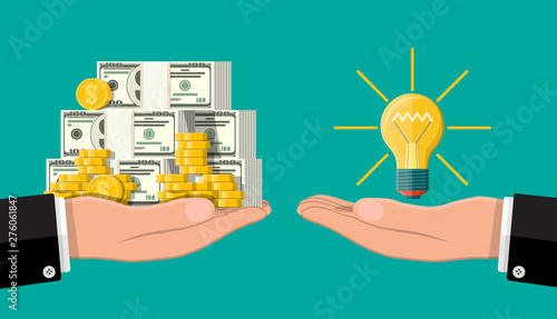 Light bulb. Concept of creative idea or inspiration. Glass bulb with spiral in hand in flat style. Hand with money and coins stacks. Vector illustration