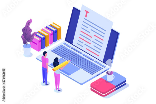 Editable online document. Creative writing and storytelling, copywriting . Online education, distant learningconcept. Isometric Vector illustration.