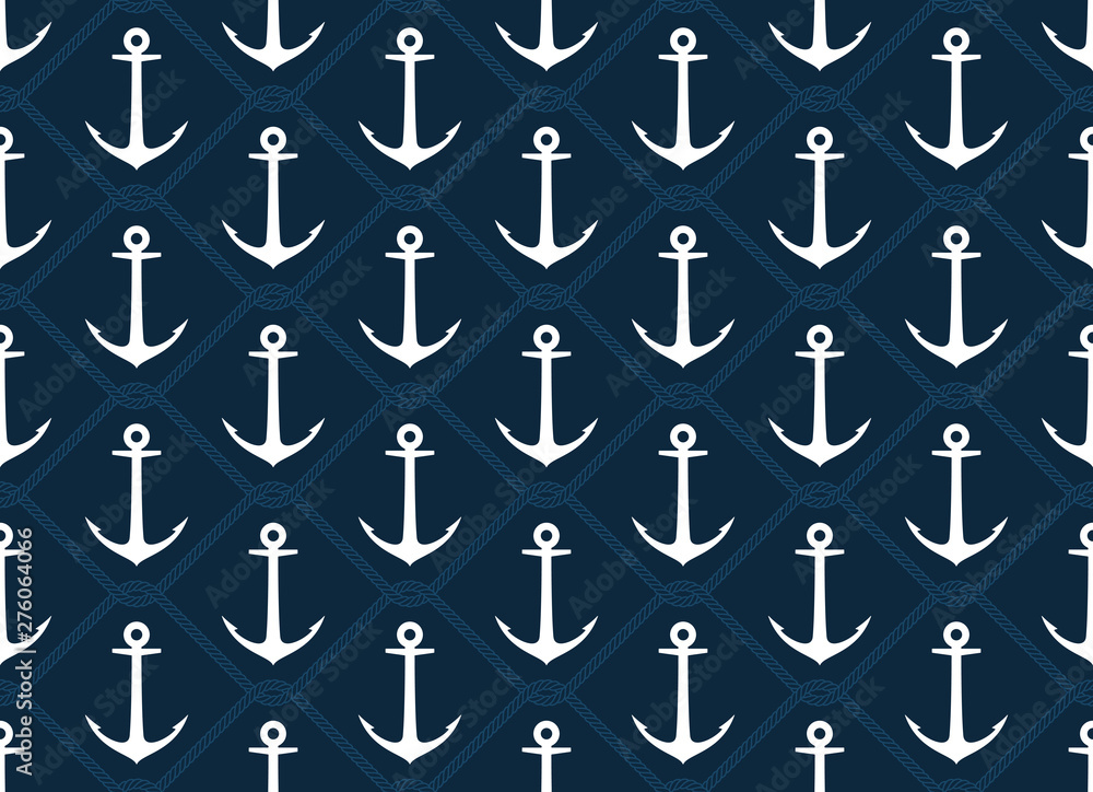 Seamless vector texture white steel ship anchor and intertwined with ropes. Blue background. Seamless vector texture white steel ship anchor and intertwined with ropes. Blue background.