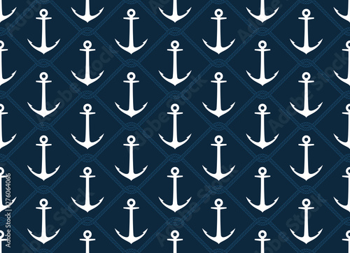 Seamless vector texture white steel ship anchor and intertwined with ropes. Blue background.