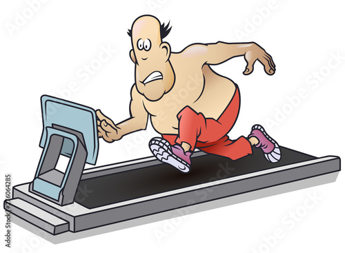 Funny little men. Fat man on treadmill. Sports activities.
