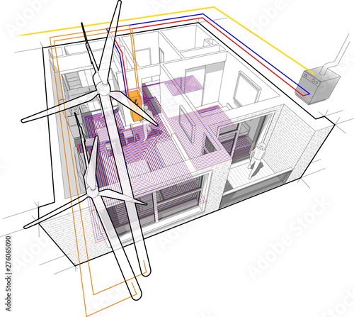 Apartment diagram with floor heating and gas water boiler and connected to the wind turbines