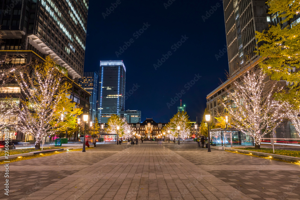イルミネーションが輝く東京丸の内の夜景 / A night view of the Marunouchi station square at Tokyo Station where the illuminations shine. Chiyoda, Tokyo, Japan.