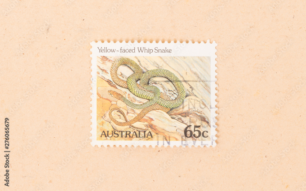 AUSTRALIA - CIRCA 1980: A stamp printed in Australia shows a yellow-faced whip snake, circa 1980
