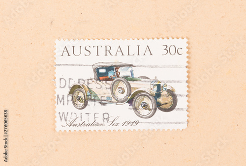 AUSTRALIA - CIRCA 1980: A stamp printed in Australia shows a car (Australian Six 1919), circa 1980