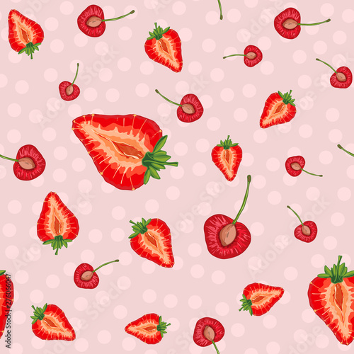 Fototapeta Naklejka Na Ścianę i Meble -  Vector seamless pattern with fruit slices. Cherries and strawberries on a pink polka dot background