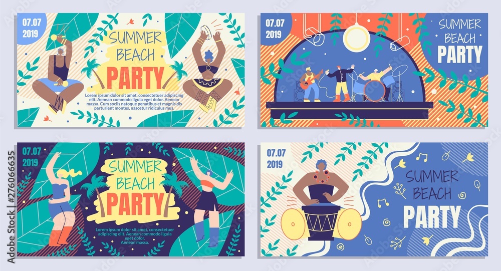 Set Beautiful Poster Summer Beach Party Cartoon.