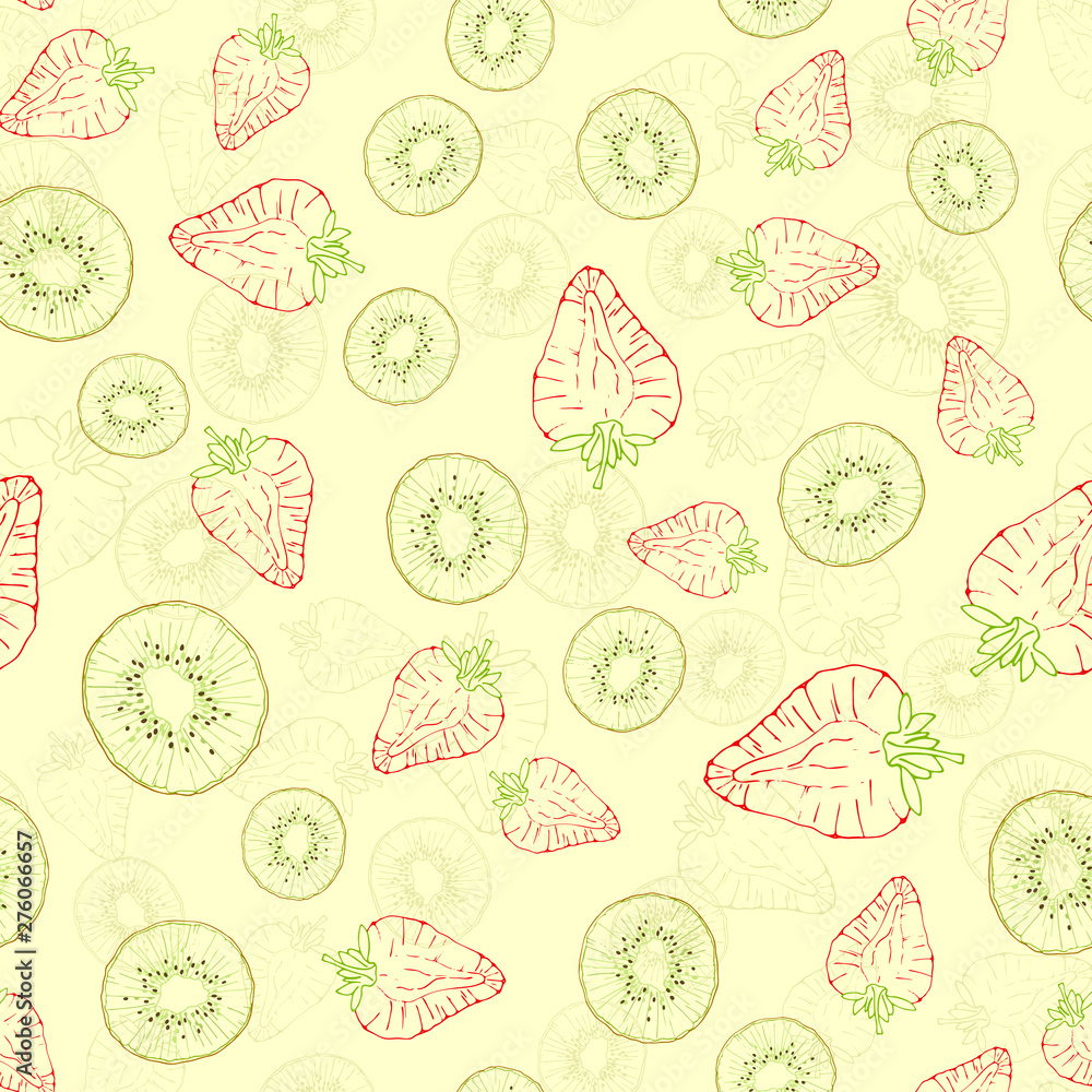 Vector seamless pattern with fruit slices. Kiwi and strawberries on a yellow background
