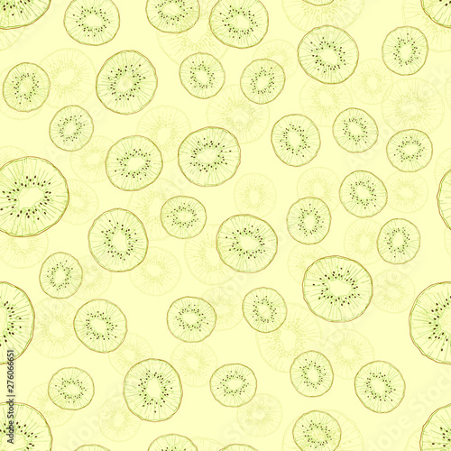 Vector seamless pattern with fruit slices. Kiwi on a yellow background