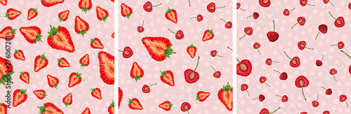 Fototapeta Naklejka Na Ścianę i Meble -  Set of vector seamless pattern with fruit slices. Cherries and strawberries on a pink polka dot background