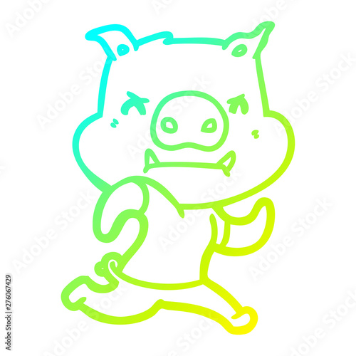 cold gradient line drawing angry cartoon pig running