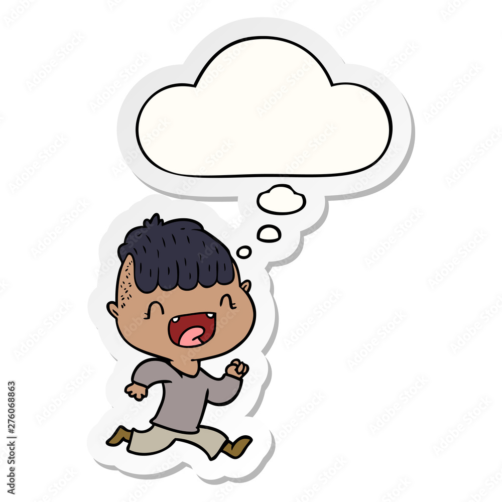 cartoon happy boy laughing and running away and thought bubble as a printed sticker cartoon happy boy laughing and running away and thought bubble as a printed sticker