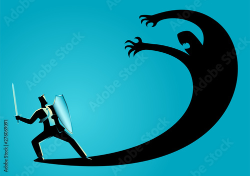 Businessman as a knight fighting his own shadow