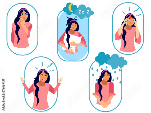 Set, five types of bad female mood. Cartoon vector flat