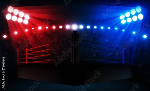 Boxing ring arena and floodlights vector design Bright stadium arena lights red blue. Vector illumination