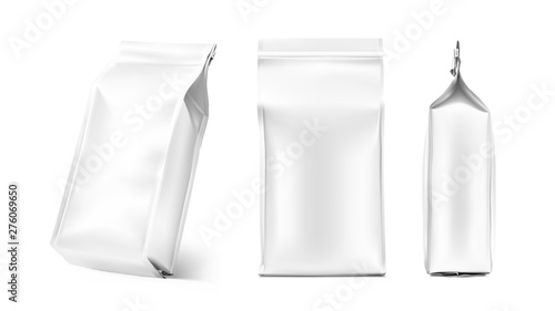 Quad seal bag package mockup. Vector illustration isolated on white background. Can be use for coffee, tea, salt, snack, flour and etc. Packaging mockup ready for your design. EPS10.	