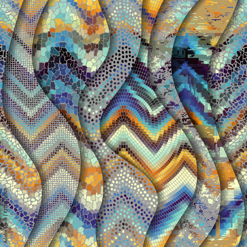 Relief waves of ornamental mosaic tile patterns